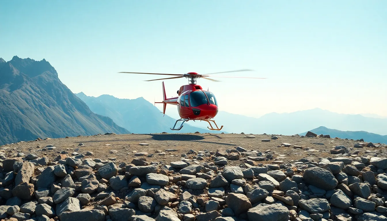 Helicopter Landing on Mountain Helipad This breathtaking image captures a helicopter making a precise landing on a rugged mountain helipad. The bright midday sun highlights the intricate textures of the helipad and the vibrant colors of the helicopter. The hyperfocal depth of field ensures everything from the foreground to the distant mountains is in sharp focus, showcasing the beauty of the natural surroundings. This stunning photograph illustrates the intersection of adventure and technology in remote locations.
