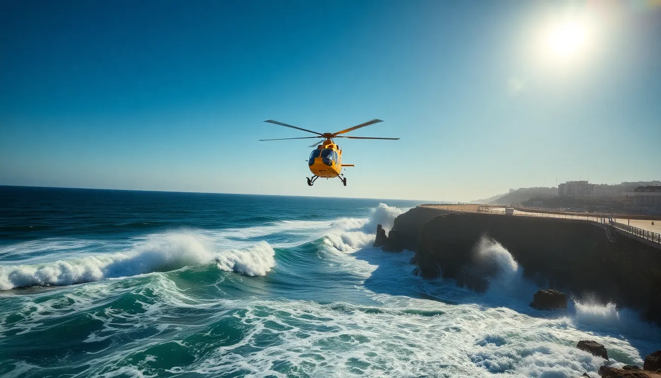 Rescue Helicopter Over Coastal Waves