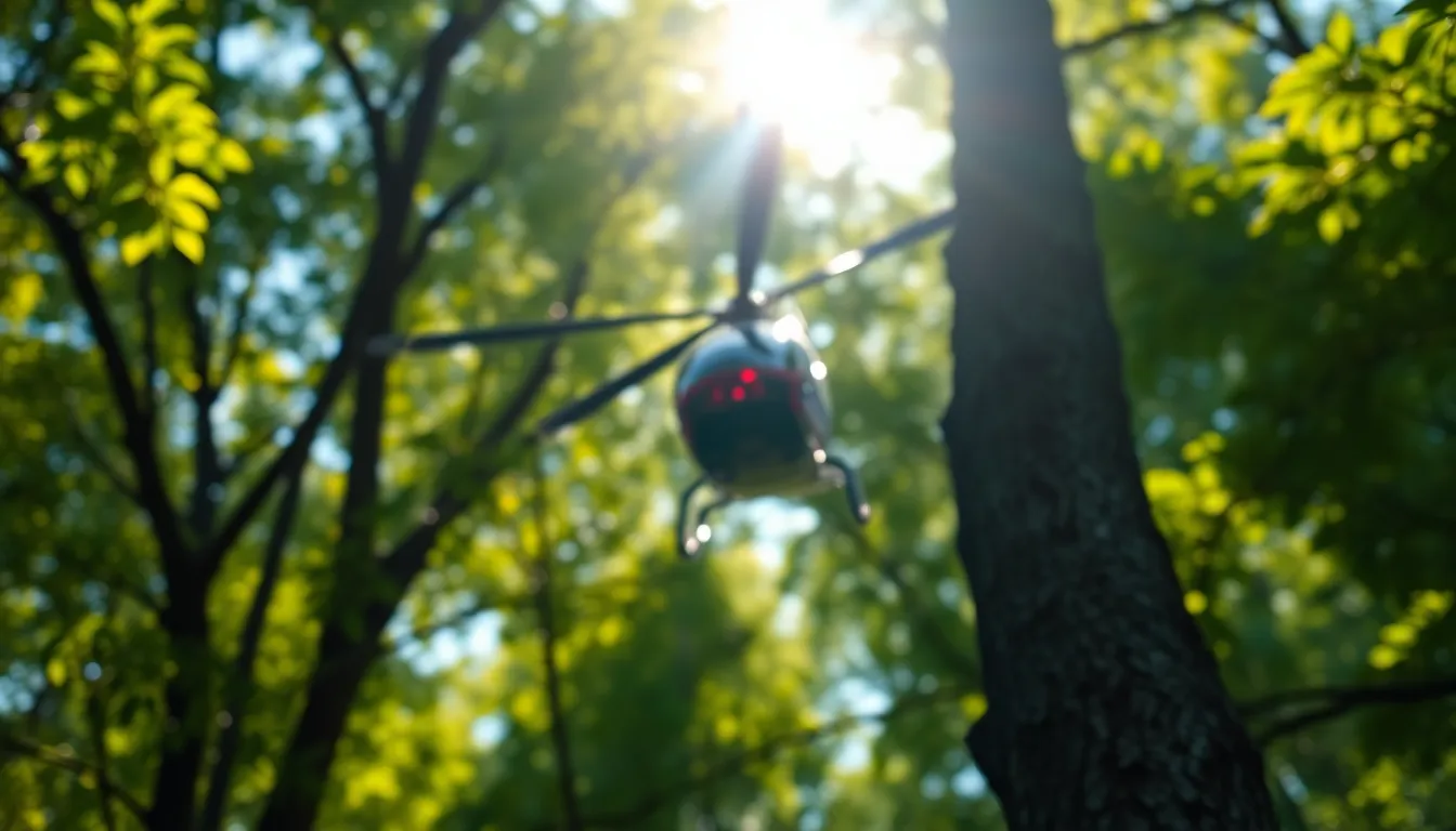 Helicopter in the Forest A scene capturing a helicopter nestled among the treetops in a lush forest, with dappled sunlight filtering through the leaves. The selective focus on the rotor blades accentuates the craft’s engineering against a gorgeous blurred backdrop of vibrant greens and blues. The composition utilizes the rule of thirds, placing the helicopter prominently while the surrounding natural textures of bark and foliage create a rich context. This image evokes a sense of adventure and exploration.