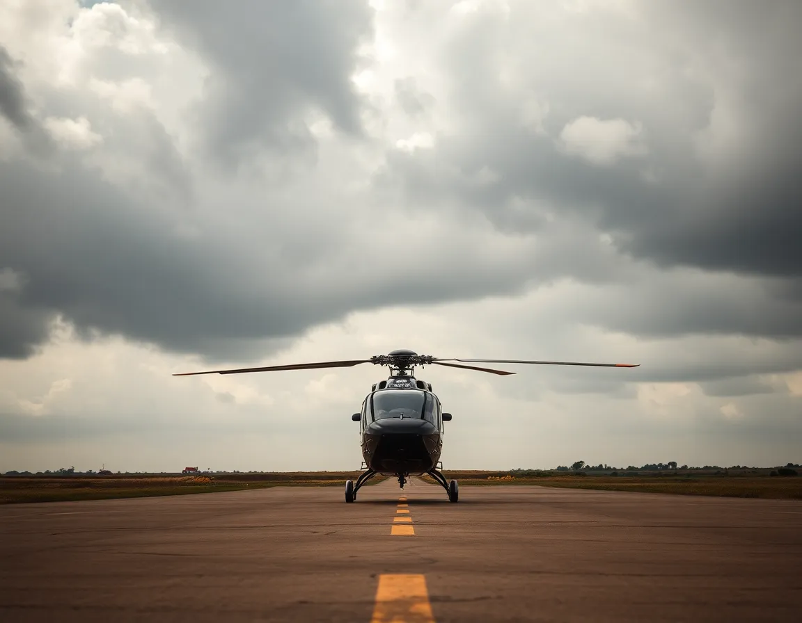Helicopter Grounded Under Dramatic Skies