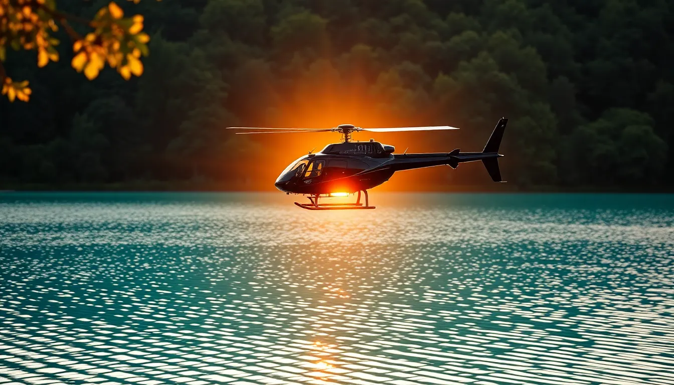 Helicopter Hovering Over Tranquil Lake at Sunset