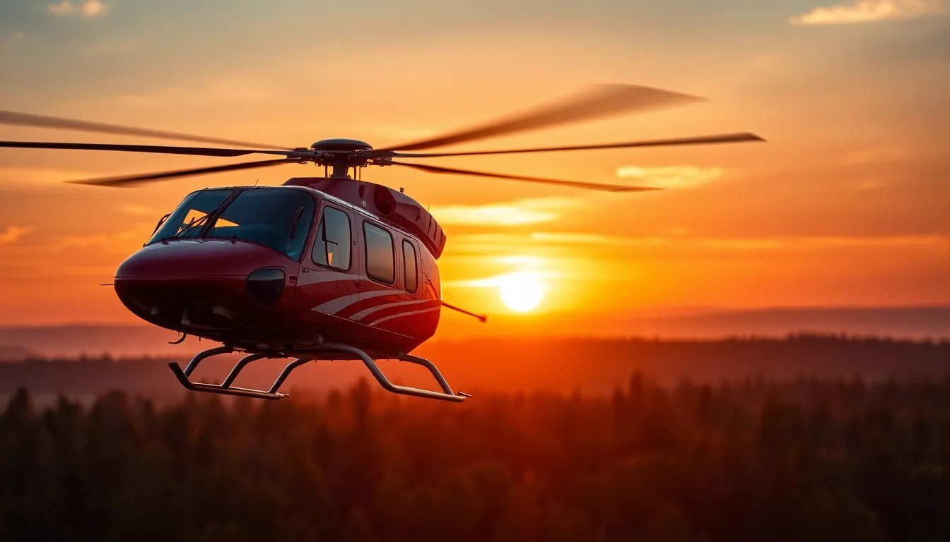 Rescue Helicopter Above Forest at Sunset This breathtaking image portrays a rescue helicopter hovering gracefully above a dense forest at sunset. Warm orange hues envelop the scene, creating a dramatic backdrop for the helicopter, which stands out sharply in focus. The soft bokeh in the background adds a dreamlike quality, enhancing the emotion of the moment. Ideal for capturing the spirit of rescue missions and nature’s beauty, this image resonates with adventure and heroism.