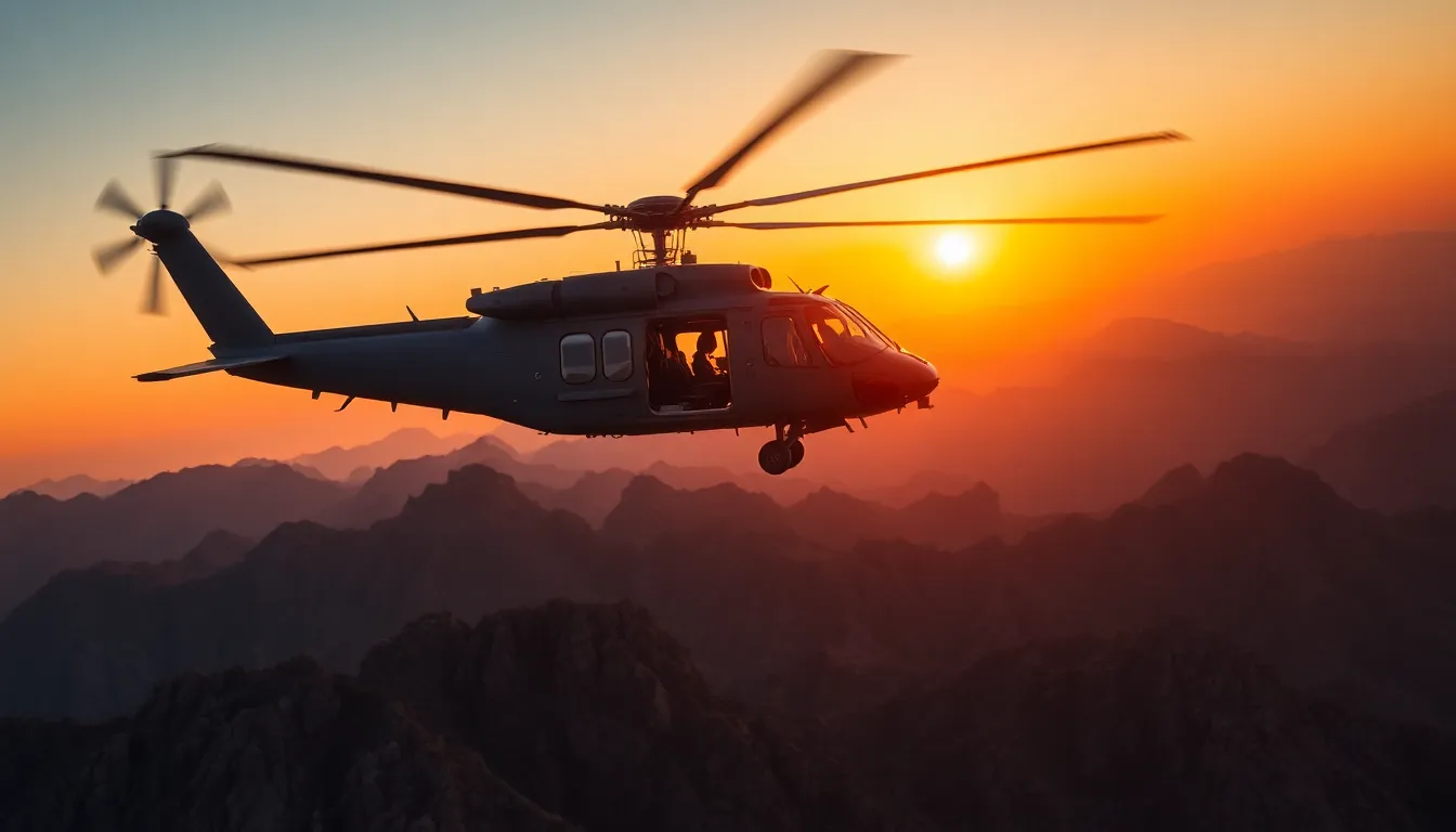 Military Helicopter Aerial Maneuver at Sunset