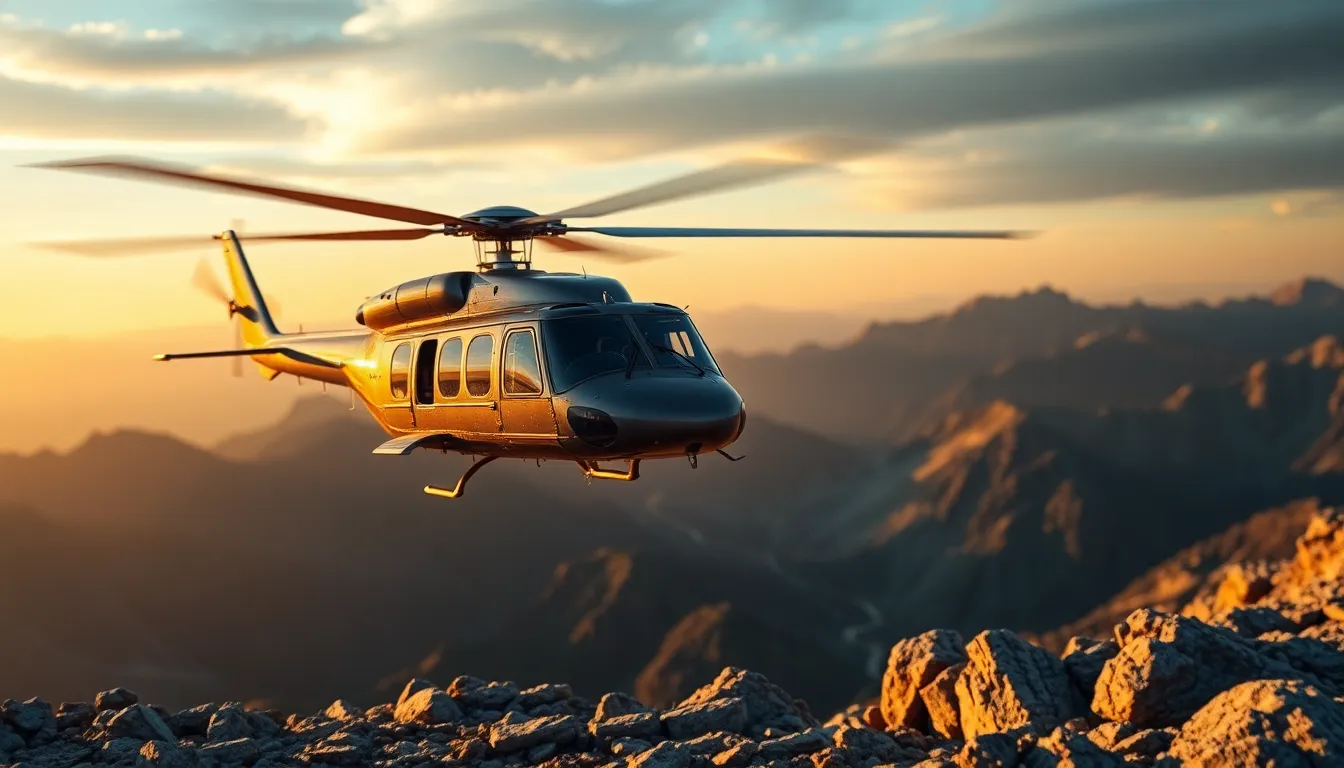 Military Helicopter Over Rugged Mountains This striking image features a military helicopter flying over rugged mountainous terrain during the golden hour. The warm sunlight casts beautiful reflections on the metallic surface of the helicopter, while the blurred background enhances the sense of altitude. Deep greens of the mountains contrast with the warm tones of the sky, creating a dramatic yet serene atmosphere. Perfect for enthusiasts of aviation and outdoor adventure.
