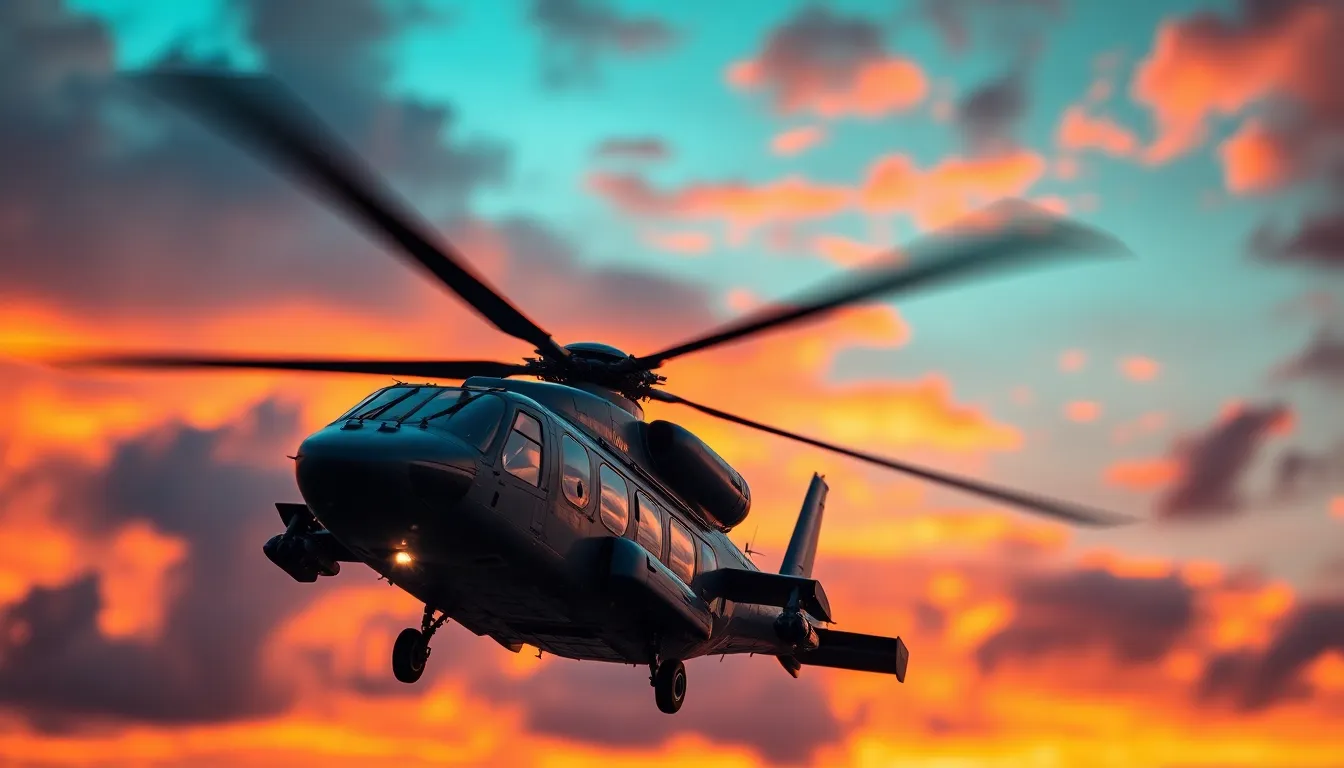 Military Helicopter Flying at Sunset