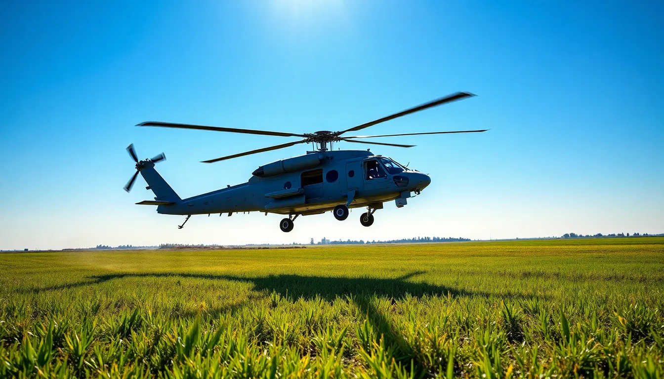 Military Helicopter in Flight Over Base