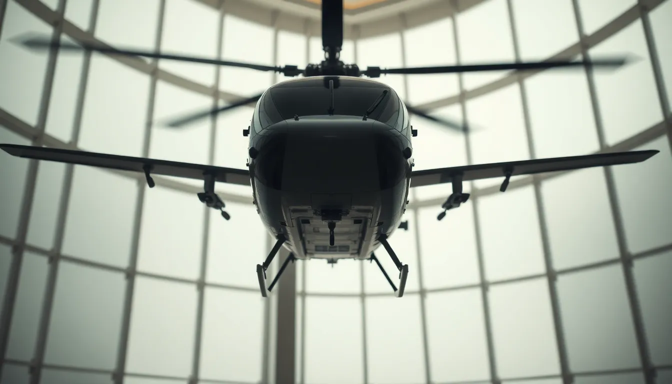 Helicopter in Urban Environment This image showcases a helicopter hovering in an urban environment, with a backdrop of modern buildings under soft overcast light. The use of natural muted tones enhances the scene's calm atmosphere, while the sharp details of the helicopter's structure contrast with the blurred cityscape. The composition balances the helicopter at the center, framed perfectly against the sky. Soft reflections on the helicopter's metallic surface add a touch of realism and depth.