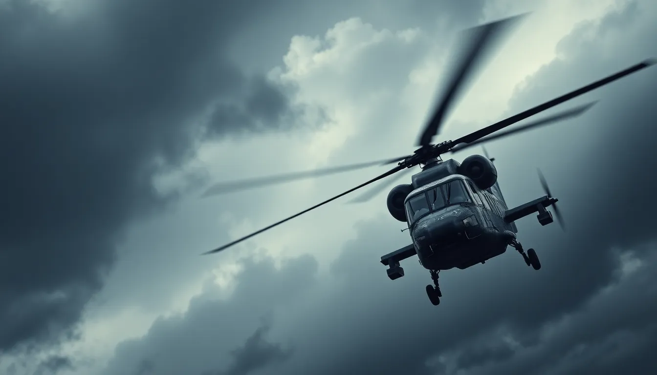 Military Helicopter Against Stormy Skies This dramatic photograph depicts a military helicopter flying through ominous storm clouds. The powerful aircraft, in focus, contrasts sharply against the dark and turbulent sky. The leading lines created by the clouds create a sense of movement and urgency, while the rich dark tones convey a mood of tension and action. This image effectively captures the power and presence of military aviation in challenging weather conditions.