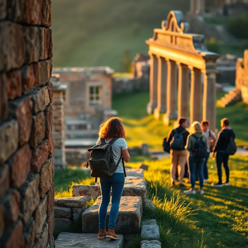 Tourists Exploring Ancient Ruins at Golden Hour