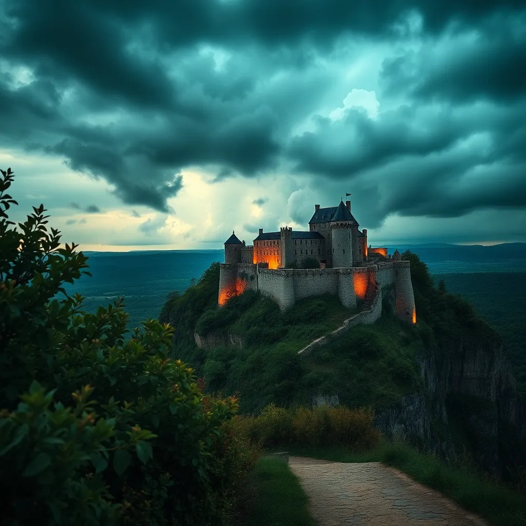Historic Castle on Cliff Under Stormy Skies