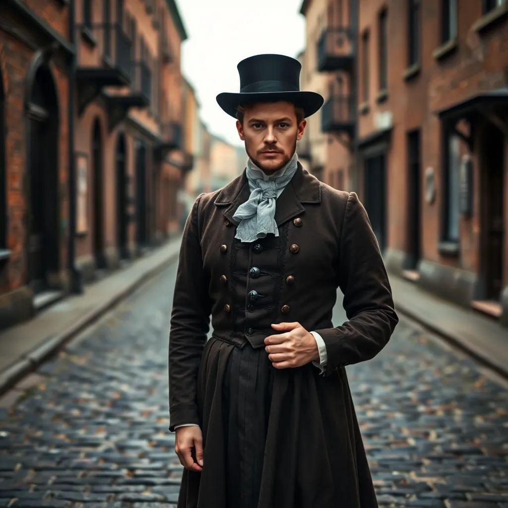 Victorian-Era Reenactor on Cobblestone Street