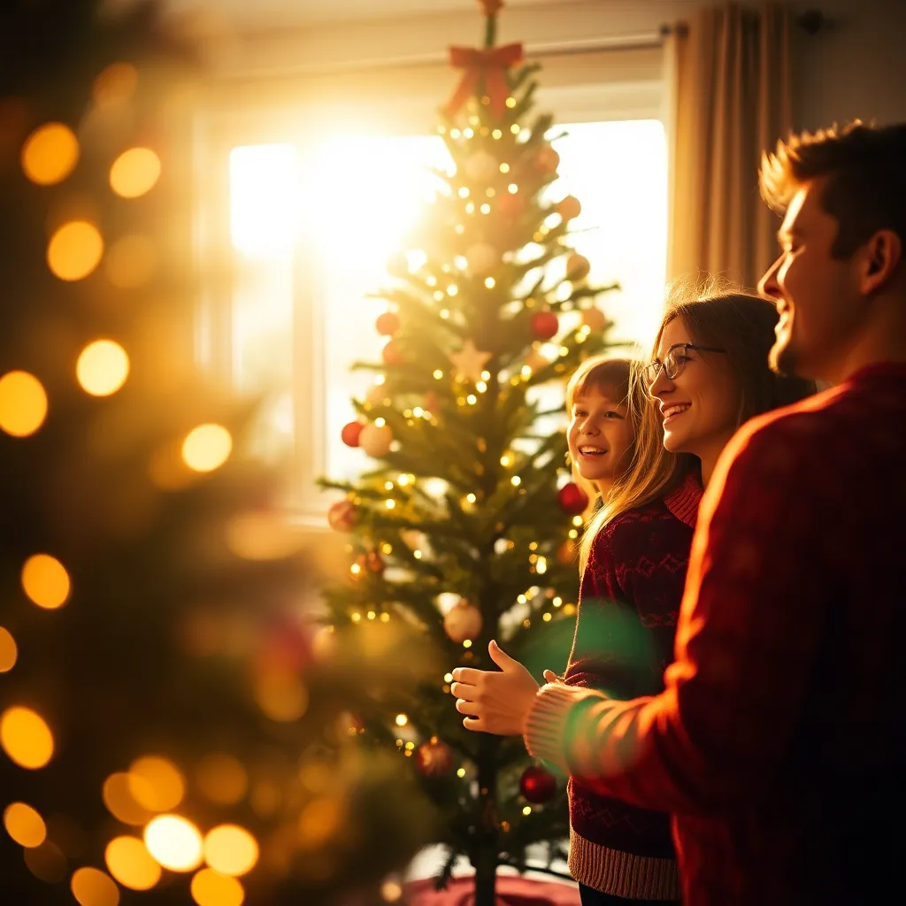 Family Decorating Christmas Tree Indoors A heartwarming scene of a family joyfully decorating their Christmas tree in a cozy living room, illuminated by warm golden hour light. The soft bokeh of twinkling lights creates a magical atmosphere, highlighting the festive spirit. The family’s colorful sweaters and the tree's ornaments add vibrant details, enhancing the celebratory mood.