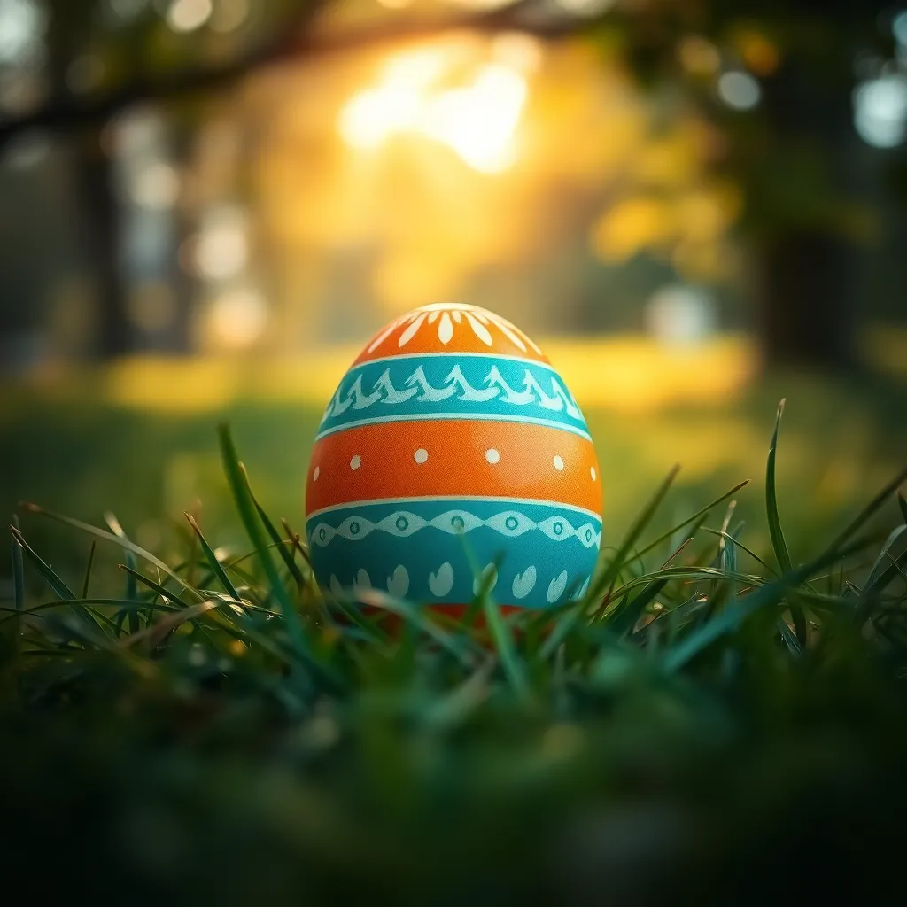 Decorated Easter Egg in Grass A stunning close-up captures a decorated Easter egg nestled in lush grass, illuminated by soft morning light. The vibrant colors and intricate patterns of the egg contrast beautifully with the natural greens of the grass, creating an inviting and festive focal point. The soft bokeh in the background enhances the details, celebrating the joy of Easter.