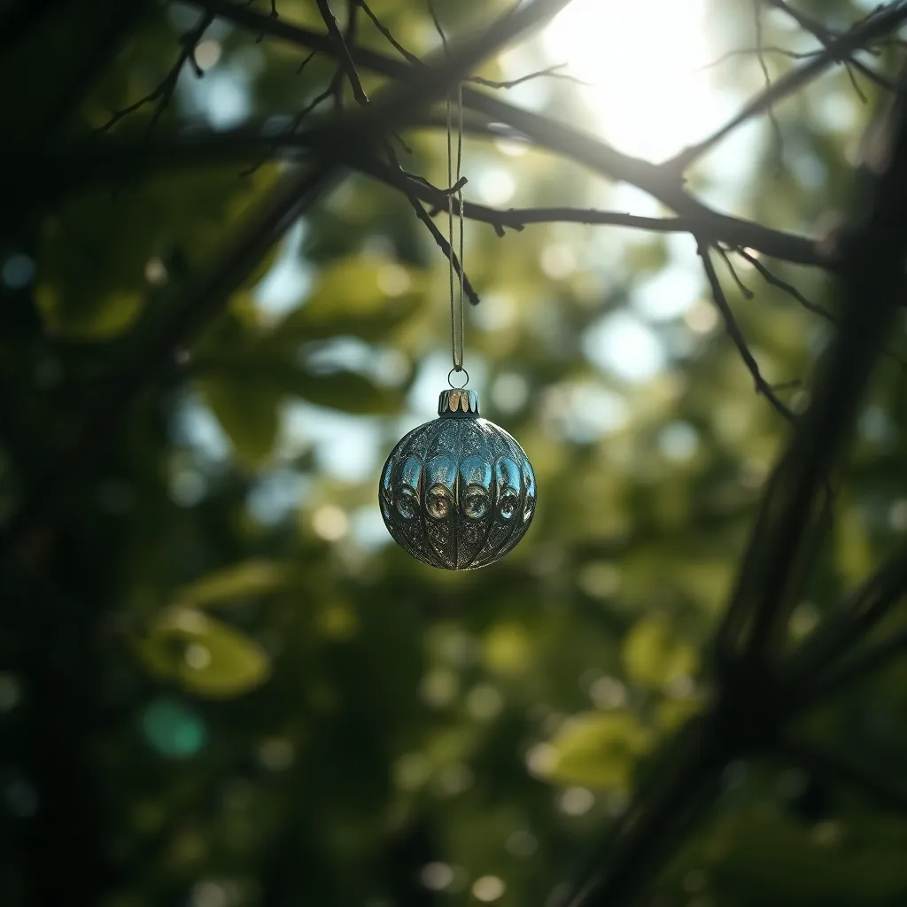An enchanting capture of a holiday ornament hanging delicately from a tree branch, illuminated by dappled sunlight. The shallow depth of field isolates the ornament, emphasizing its intricate glass texture and festive details. Soft bokeh highlights create a dreamy, whimsical atmosphere. The muted color palette enhances the enchanting quality, making it a perfect representation of holiday magic nestled in nature.