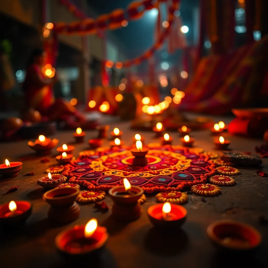 Vibrant Diwali Celebration with Rangoli A vibrant scene from a Diwali celebration highlights colorful rangoli designs and intricate clay lamps, illuminated by warm candlelight. The rich hues of the festival—deep oranges, reds, and golds—create a festive atmosphere. The intricate patterns and warm glow invite viewers to appreciate the artistry and joy of this traditional celebration.