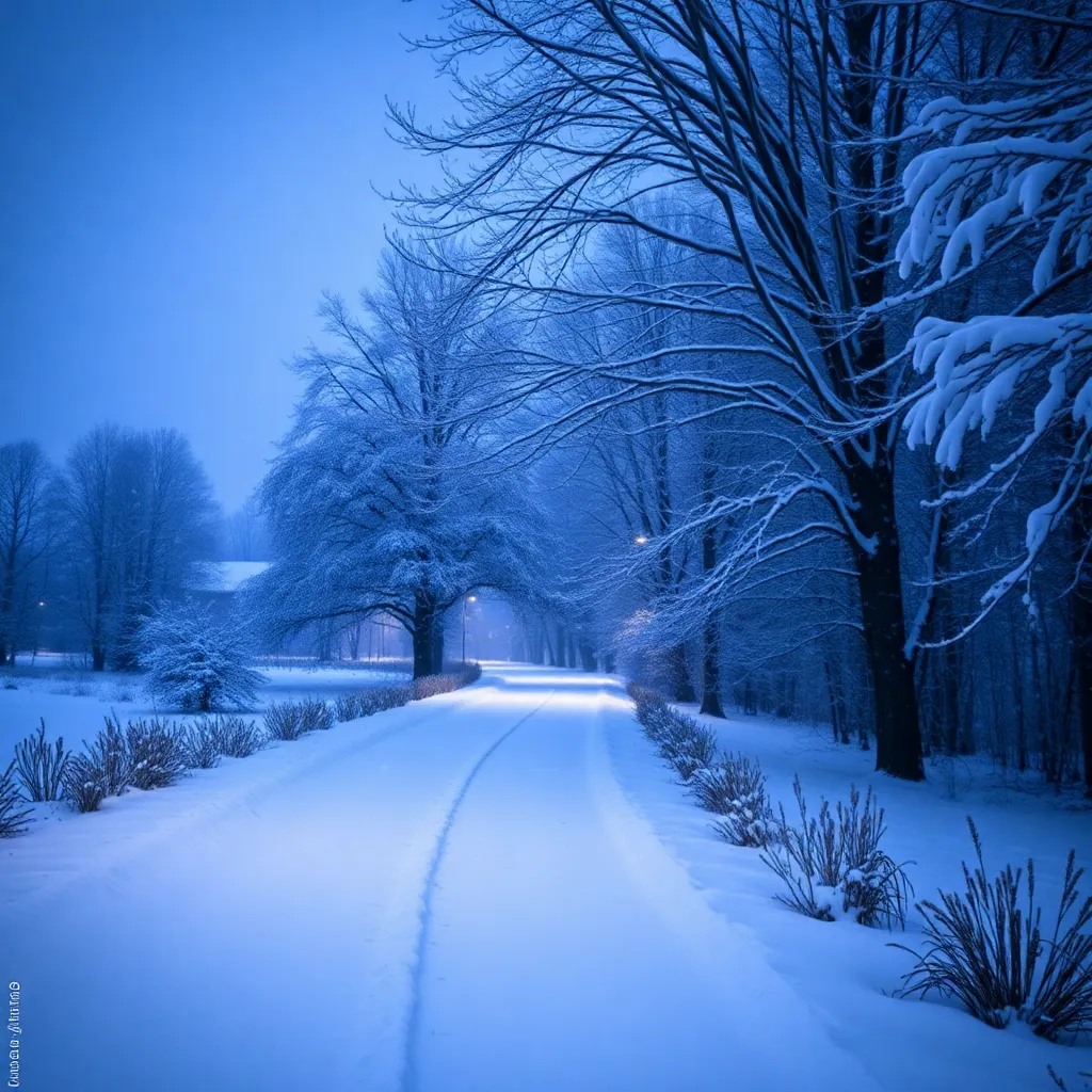 Winter Landscape with Snowfall at Twilight A tranquil winter landscape captures gently falling snowflakes under the soft light of twilight, creating a serene atmosphere. The icy blues and whites of the scene harmonize beautifully, inviting viewers into a world of stillness. Leading lines of a snowy path enhance the sense of depth, drawing the eye into this winter wonderland.