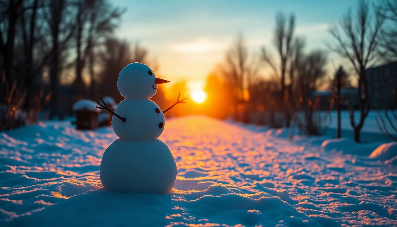 Snowman at Sunset in Winter Wonderland