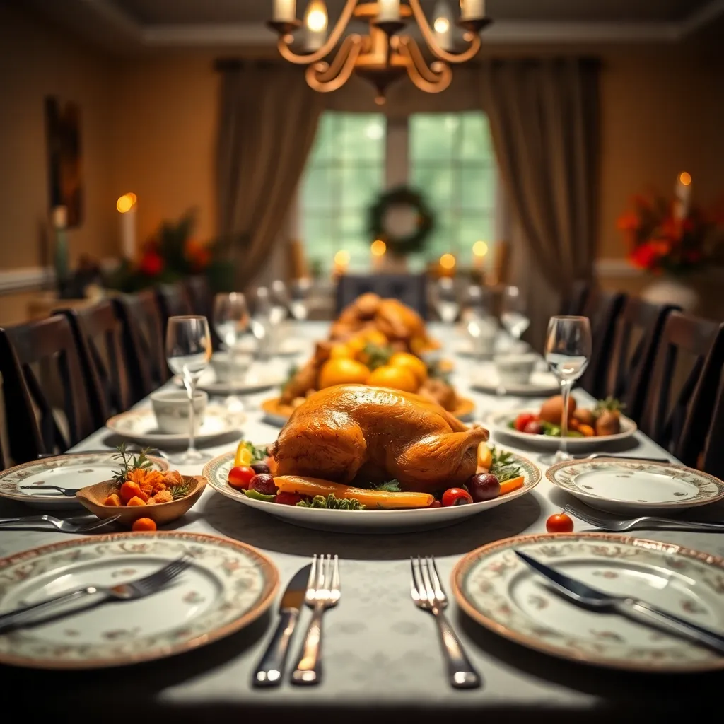 Thanksgiving Dinner Table Arrangement An elegantly set Thanksgiving dinner table showcases a lavish spread of roasted turkey and seasonal vegetables, adorned with intricate porcelain plates. The warm ambient light creates a cozy atmosphere, inviting guests to gather and celebrate. Rich colors and textures of the food and décor highlight the festive spirit of the holiday.