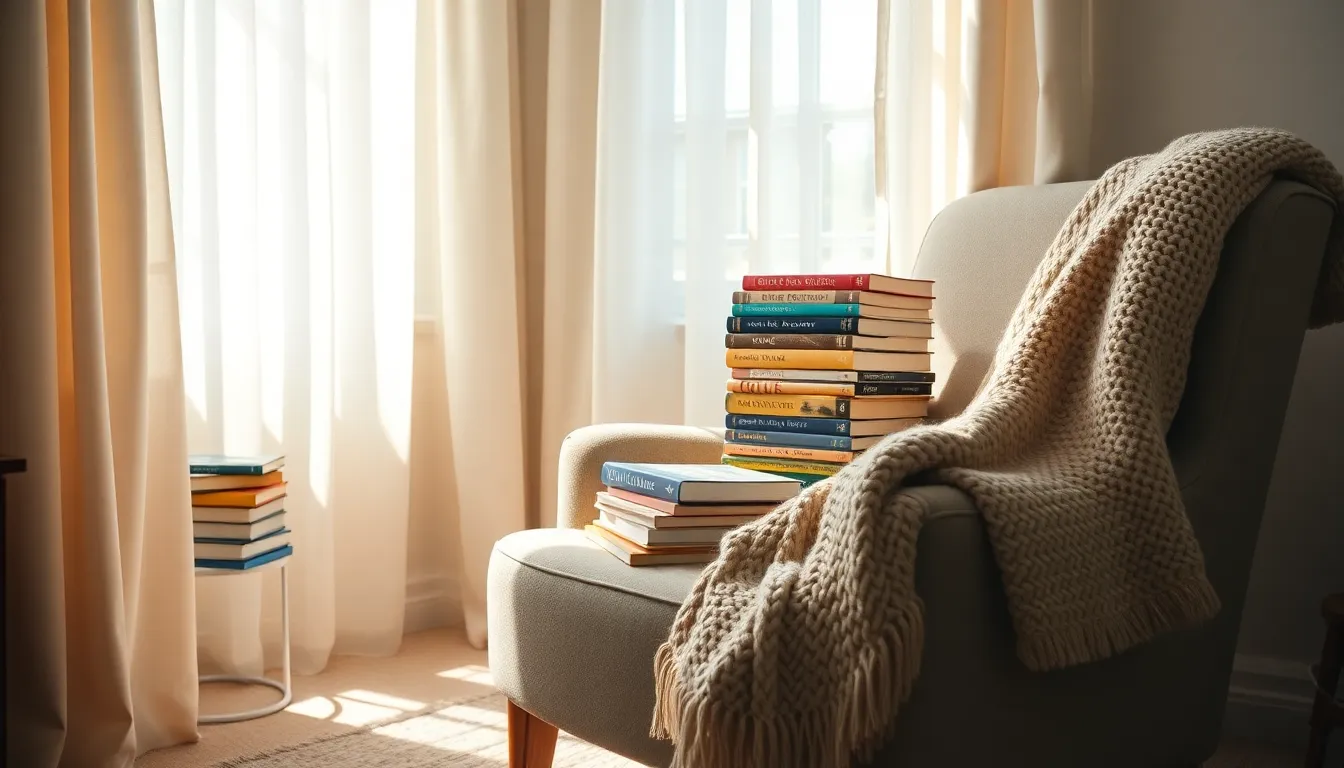 This serene image captures a cozy reading nook filled with soft pastel tones and inviting textures. Natural diffused daylight filters through sheer curtains, enhancing the warm ambiance as it spills onto a plush armchair and a colorful stack of books. The hyperfocal clarity showcases intricate details, from the knitted throw draped over the chair to the textured spines of the books. This composition elegantly highlights the comfort and style of contemporary home decor, perfect for relaxation.