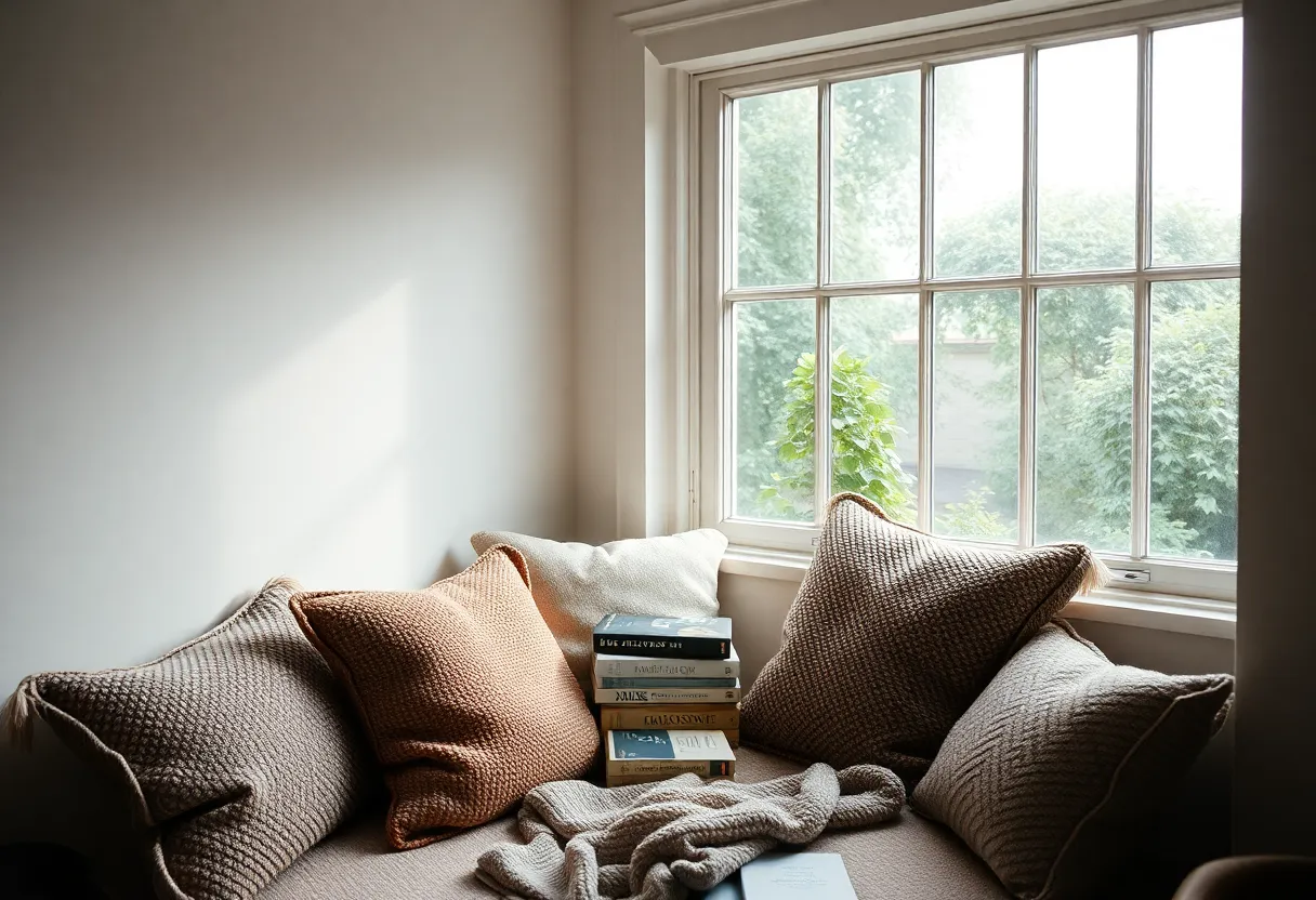 This serene reading nook invites relaxation, featuring a plush chair adorned with textured cushions and a cozy throw. Soft overcast daylight bathes the area, creating an inviting ambiance perfect for curling up with a good book. The gentle earth tones harmonize with the subtle greenery visible through the large window, enhancing the cozy, natural feel of the space.