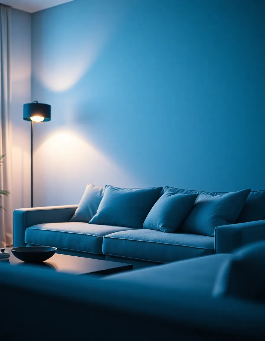 This image portrays a modern minimalistic living room, highlighted by a sleek sofa adorned with geometric cushions under the warm glow of a stylish floor lamp. The cool tungsten lighting creates a sophisticated atmosphere with deep blues and soft shadows. A shallow depth of field draws attention to the details, while the composition focuses on the balance of design elements. The smooth surfaces and soft textures enhance the contemporary elegance of the space.