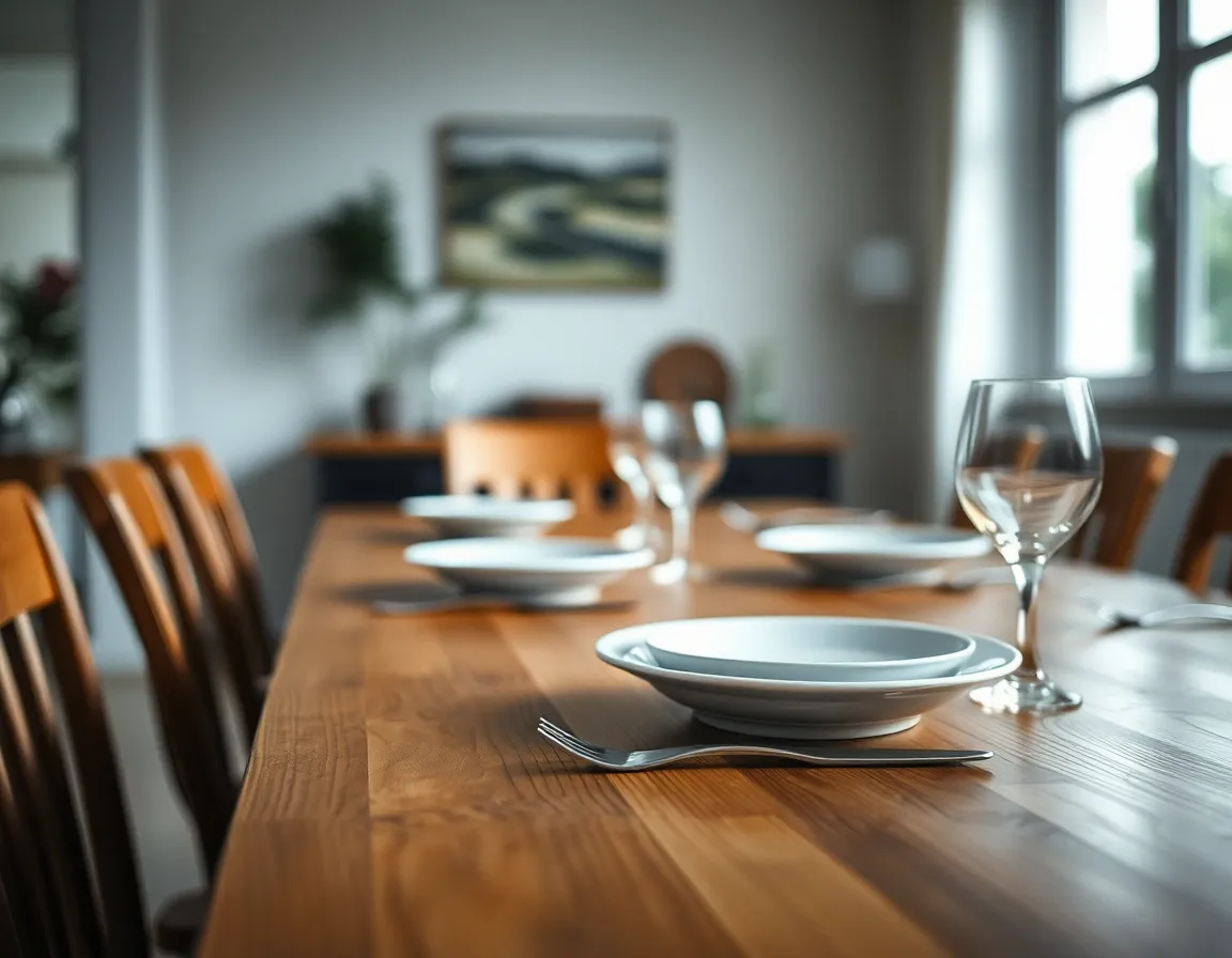 An inviting dining room scene showcasing a beautifully styled wooden table set for a meal, using soft diffused daylight to create a serene atmosphere. The natural muted tones of the surroundings contribute to a calm and peaceful dining experience. The selective focus on the table draws the viewer’s attention to the elegant arrangement of plates and cutlery, while the rich texture of the wooden surface adds depth to the composition.