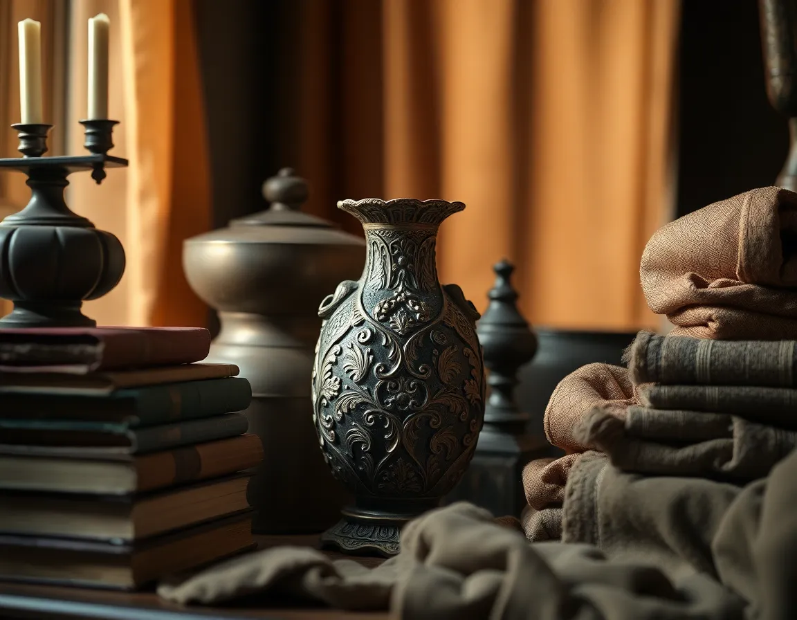 This stunning image showcases an elegant arrangement of antique decor featuring an ornate vintage vase. Dramatic Rembrandt lighting accentuates the rich textures and shadows, while a selective focus draws attention to the fine details of the vase. The muted earth tones and metallic accents create an atmosphere of sophistication. The off-center composition invites exploration of the surrounding books and fabrics that speak to a timeless charm.