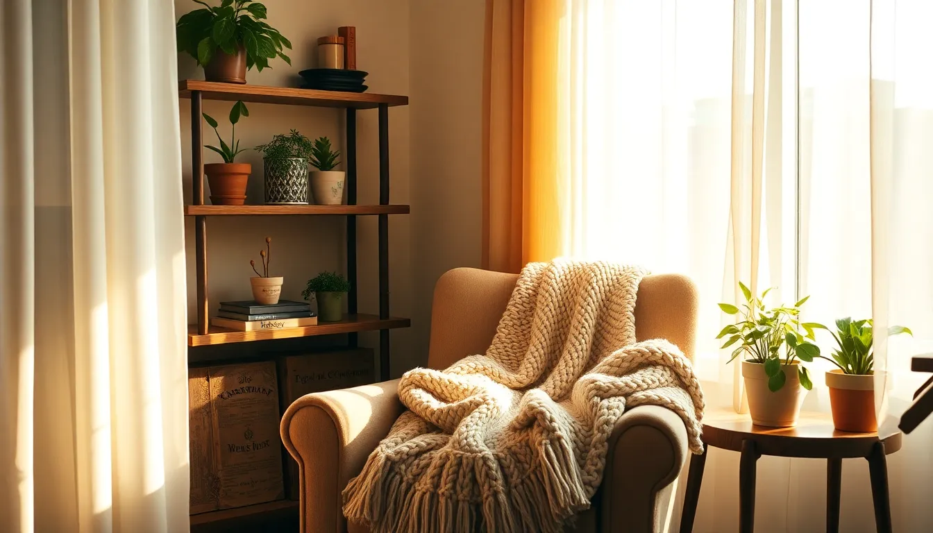 This inviting scene captures a cozy reading nook bathed in warm afternoon sunlight. A plush armchair draped with a knitted throw invites relaxation, while potted plants add a touch of nature. The earthy color palette creates a sense of warmth, and the rustic wooden shelf enhances the homely feel. The background softly blurs, directing focus to the tranquil space perfect for unwinding.