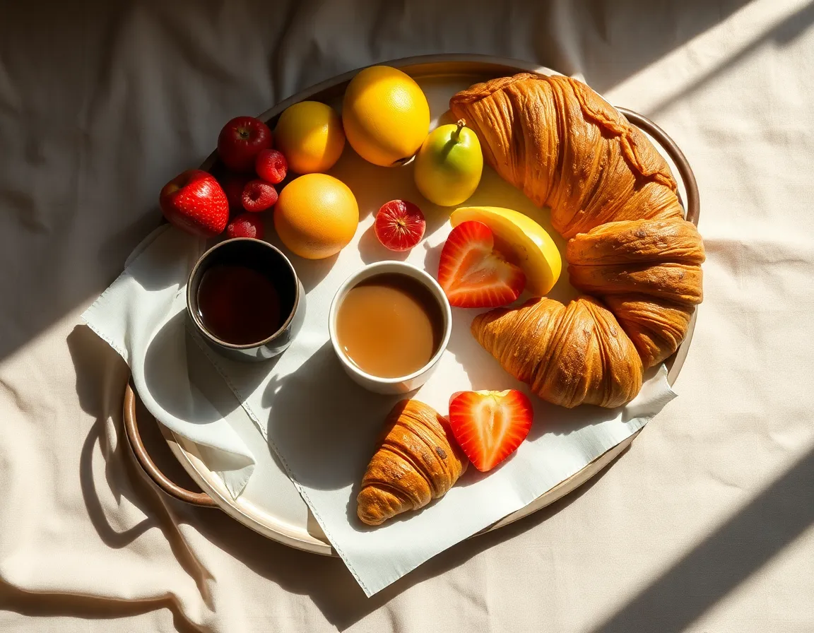 This elegant breakfast tray is artistically arranged on a soft linen surface, perfect for a cozy morning. Rembrandt lighting beautifully accentuates the glossy fruit, steaming coffee, and flaky croissants, while the warm tones evoke a sense of comfort. The overhead angle highlights the meticulous details in composition, inviting viewers to enjoy a serene moment of indulgence in a homey setting.
