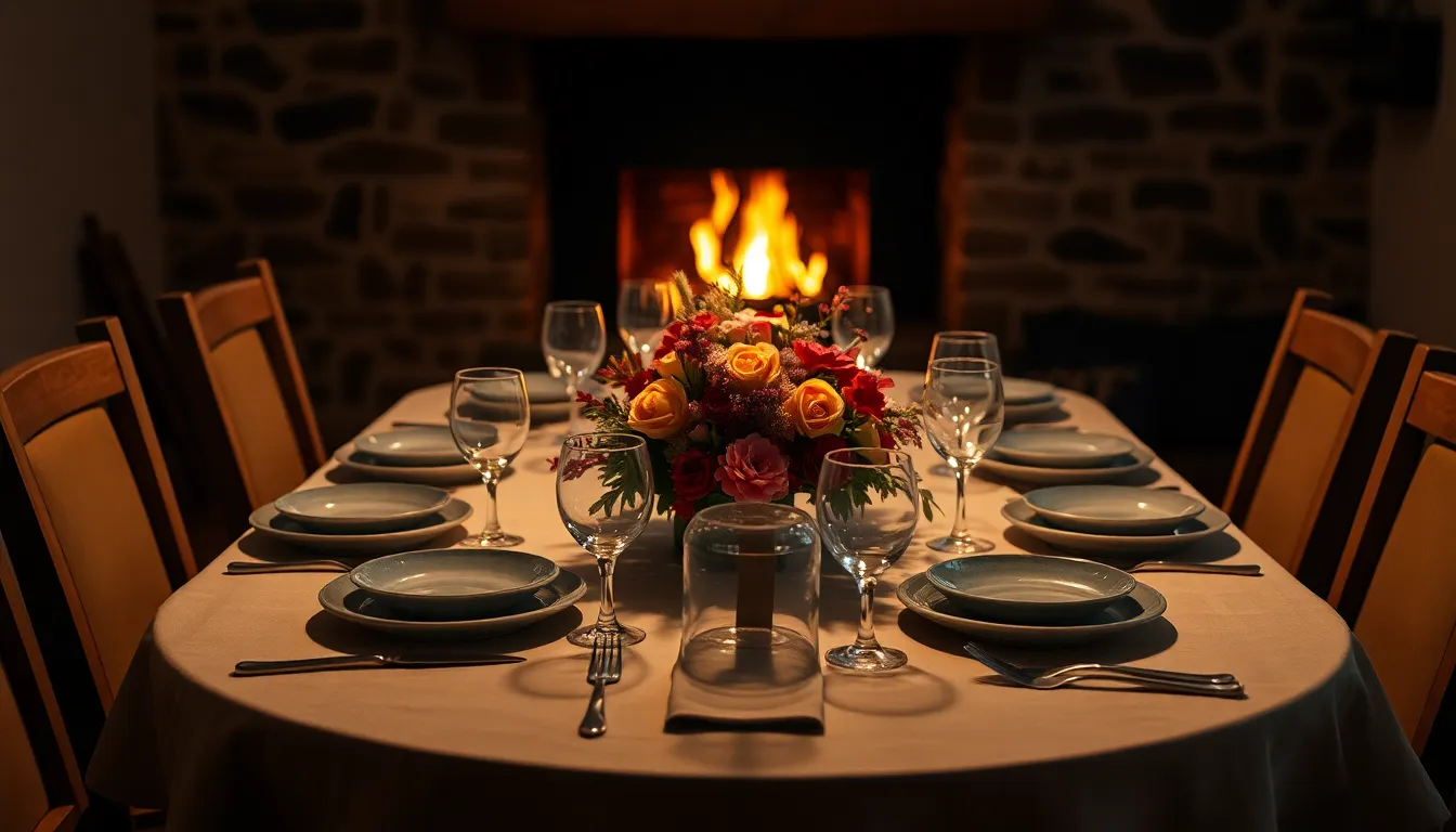 This image captures an inviting dining table set for a casual evening gathering, enhanced by the warm glow of firelight. The flickering shadows add depth and character to the scene, while the muted color palette evokes a cozy ambiance. A centered arrangement of elegant plates, glassware, and seasonal flowers creates an inviting focal point, encouraging friends and family to come together.