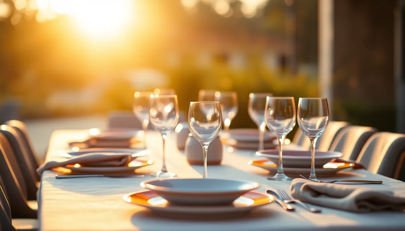 This captivating image depicts an elegant dinner table setting illuminated by the soft glow of golden hour light. Artisan ceramic plates and handwoven linen napkins are meticulously arranged, with crystal glassware adding a touch of sophistication. The warm color palette enhances the inviting atmosphere, making it ideal for gatherings. The centered symmetrical composition draws attention to the exquisite details, showcasing a seamless blend of beauty and functionality in home decor.