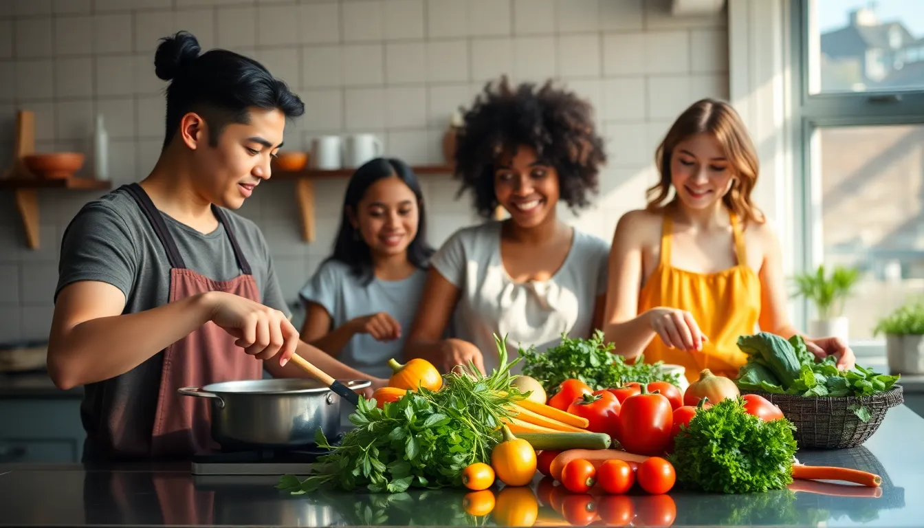 A joyful family is seen preparing a meal together in a modern kitchen, surrounded by an array of vibrant vegetables and herbs. The soft overhead lighting creates a warm and inviting atmosphere, while the diverse group showcases the beauty of collaboration in cooking. Their smiles and interactions add to the lively scene, emphasizing the shared experience of homemade meals. The shiny stainless steel countertop reflects the colorful ingredients, further enhancing the image's appeal.