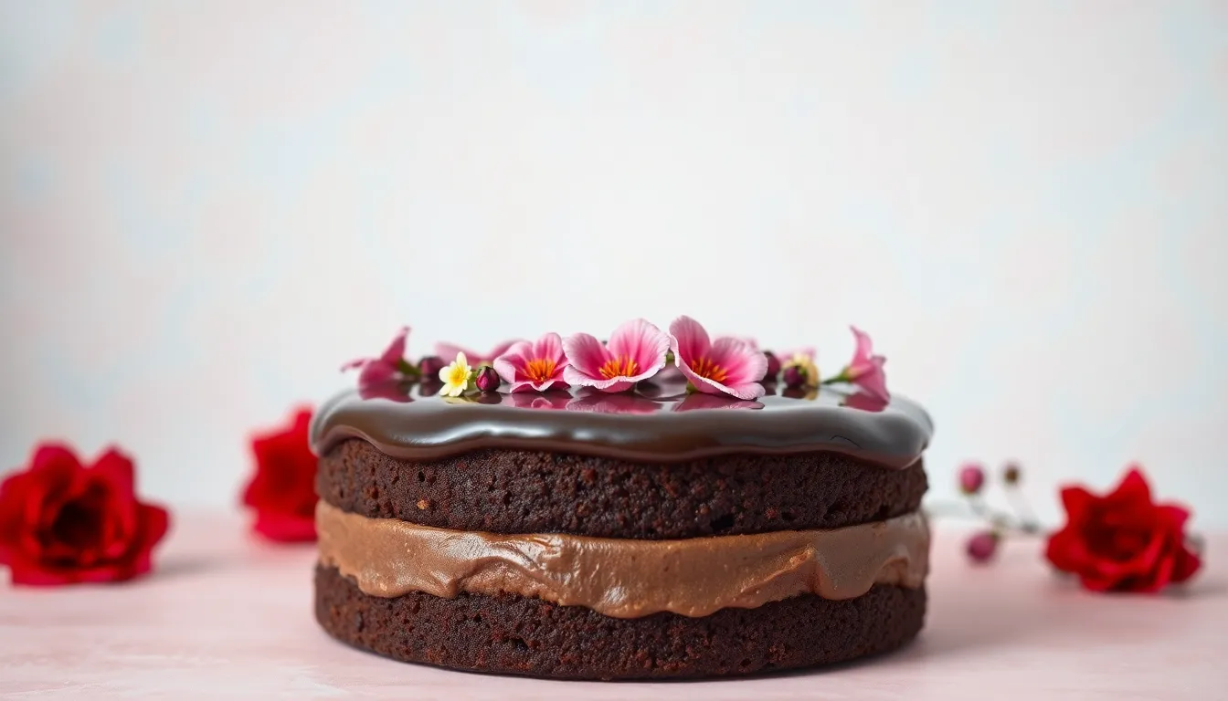 A stunning chocolate cake is featured, intricately garnished with vibrant edible flowers that pop against the rich, dark icing. The overcast lighting provides a soft and flattering illumination, enhancing the cake's glossy finish and the delicate details of the flowers. The pastel backdrop complements the lively colors of the decoration, creating an inviting and indulgent scene. This image captures the essence of homemade desserts, perfect for culinary enthusiasts.