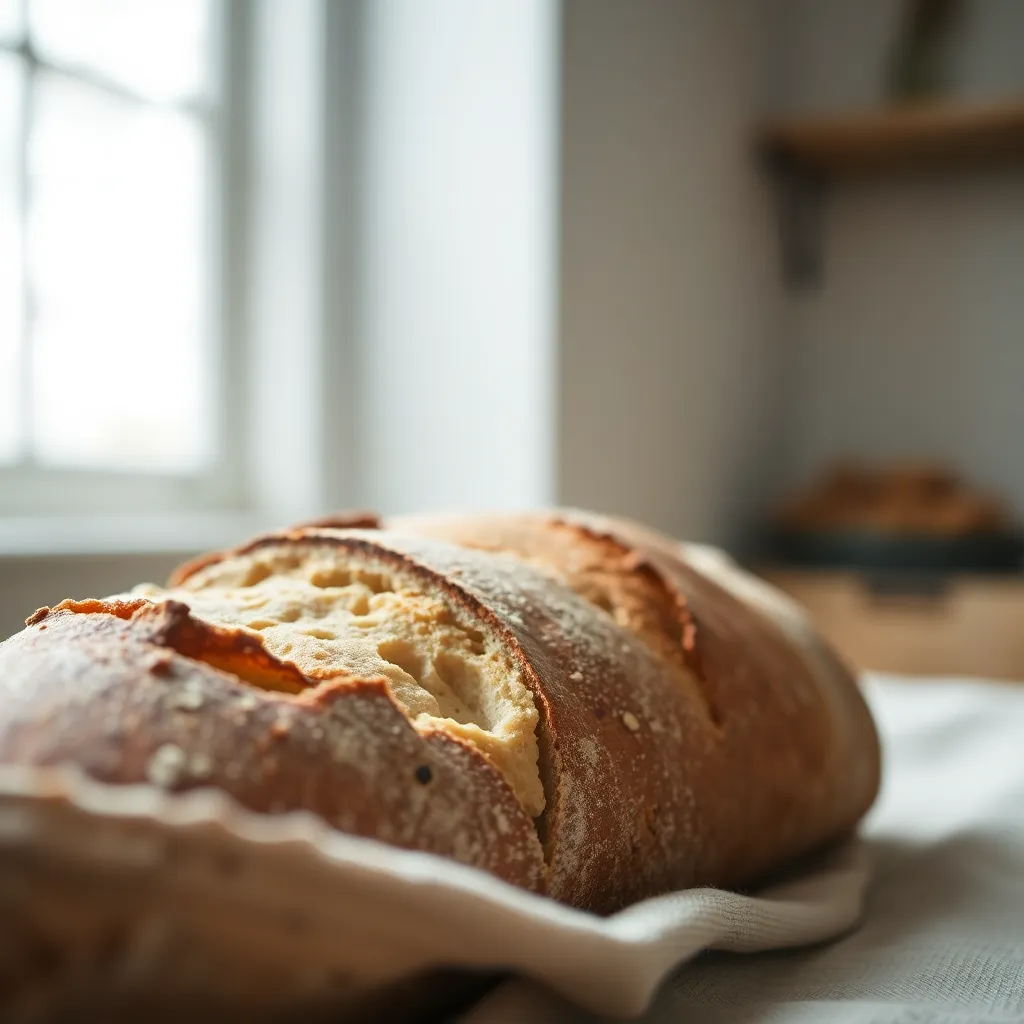 This close-up image beautifully highlights a freshly baked artisan sourdough bread resting on a textured linen cloth. Soft, diffused daylight enhances the rich textures of the bread, emphasizing its crispy crust and airy interior. The shallow depth of field brings attention to the detailed surface while the muted colors create a warm and inviting feel. This image captures the essence of homemade baking and the satisfaction of artisan craftsmanship.