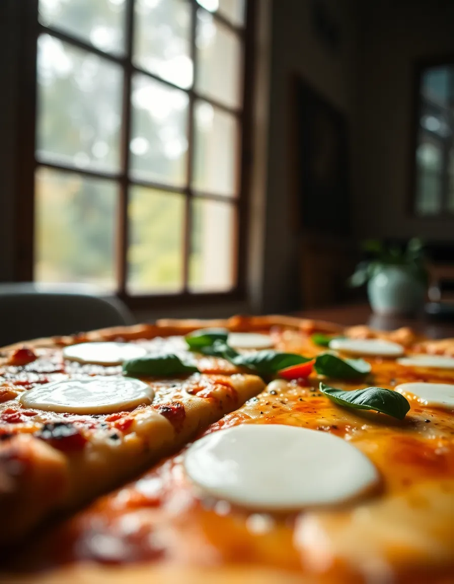 A close-up view of a delicious homemade pizza, creatively composed at a dynamic Dutch angle to emphasize the toppings of fresh basil and bubbling mozzarella. Soft daylight pours in from a window, illuminating the rich textures of the cheese and crispy crust. This image represents the vibrancy and richness of homemade Italian cuisine, enticing viewers with its warm, earthy palette.