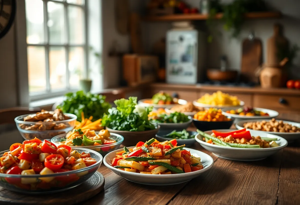 This image features an artistic arrangement of vibrant homemade vegetable dishes displayed on a rustic wooden table. Soft ambient light from the nearby window bathes the scene, creating an inviting and warm atmosphere. Each dish bursts with color, showcasing the fresh ingredients and homestyle preparation. The hyperfocal sharpness captures every detail, while the vibrant color palette celebrates the essence of homemade cooking and healthy eating.