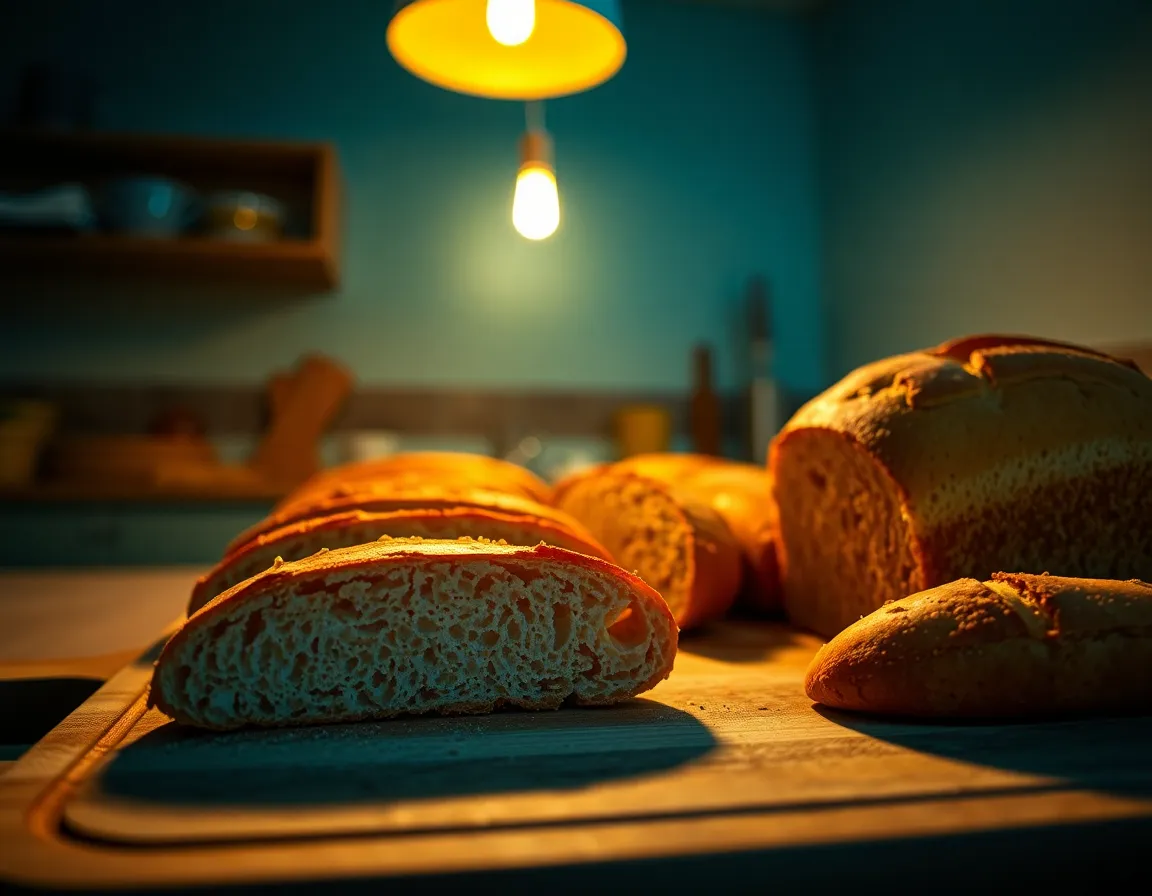 Captured in a warm, inviting kitchen, the image showcases a rustic wooden board filled with artisanal bread, illuminated by dramatic backlighting. The selective focus emphasizes the freshly baked bread’s crunchy crust and delightful crumb. The warm tones and textural details create a cozy atmosphere, perfect for illustrating the art of homemade baking.
