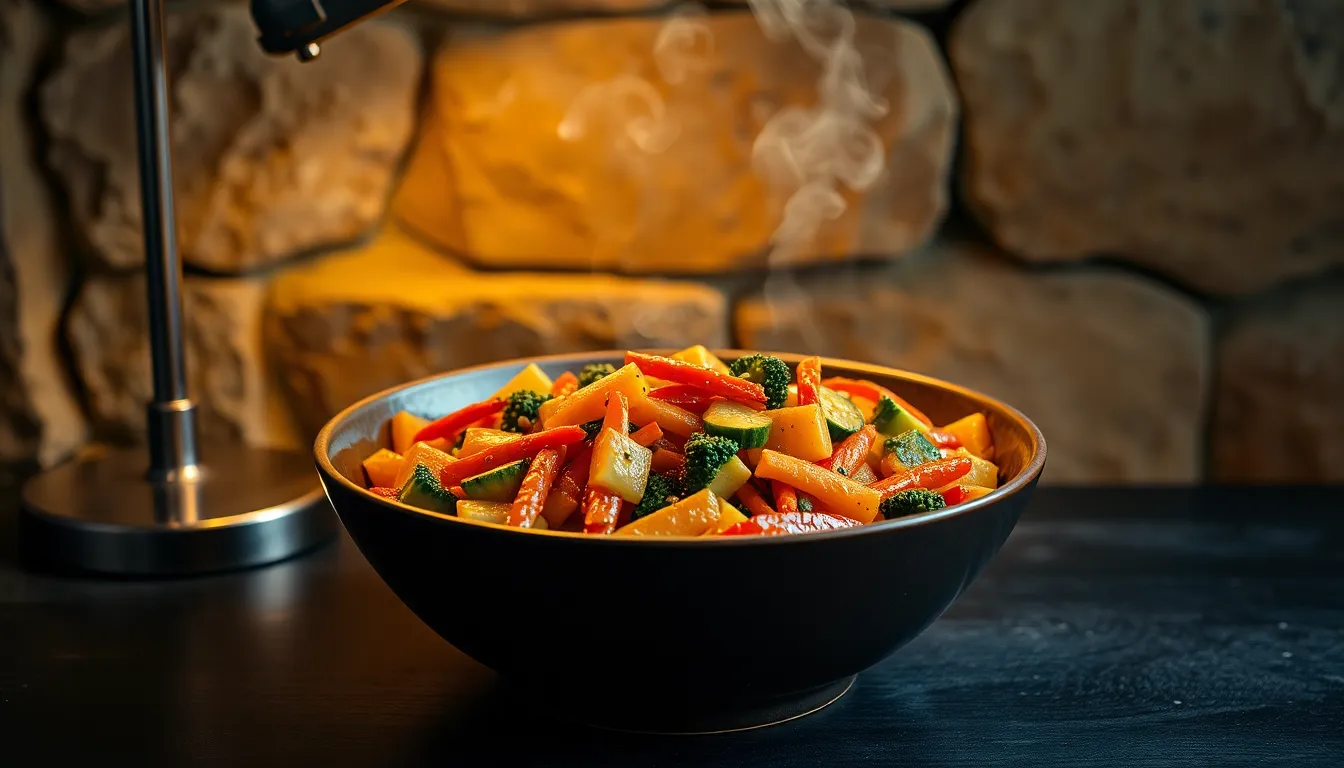 This vibrant vegetable stir-fry is beautifully portrayed in a stylish ceramic bowl, placed against a rustic stone backdrop. The warm light from a tungsten desk lamp creates a cozy atmosphere, highlighting the fresh colors and textures of the vegetables. Steam gently rises from the dish, enhancing the feeling of warmth and freshness. The careful arrangement of the ingredients embodies the essence of homemade cooking, making this image a perfect fit for culinary showcases.