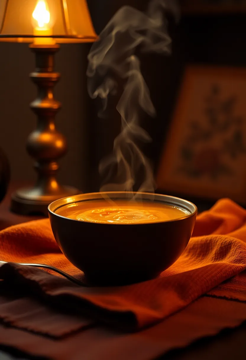 A cozy scene featuring a steaming bowl of homemade soup, bathed in the warm glow of vintage tungsten light. The shallow depth of field accentuates the rich textures of the soup while a rustic fabric adds depth to the composition. Soft, warm colors invite a sense of comfort and homeliness, making this image perfect for showcasing the allure of homemade meals.