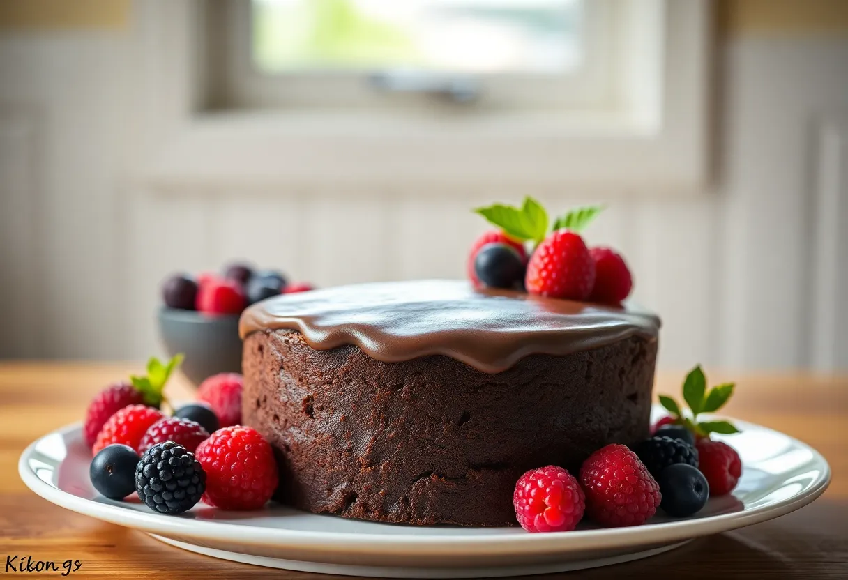 A stunning display of a homemade chocolate cake, elegantly plated and garnished with fresh berries. The soft, natural light highlights the rich chocolate tones while enhancing the vibrancy of the berries. The image features a symmetrical composition that draws the eye directly to the cake's enticing surface. Ideal for capturing the indulgence and creativity of homemade desserts.