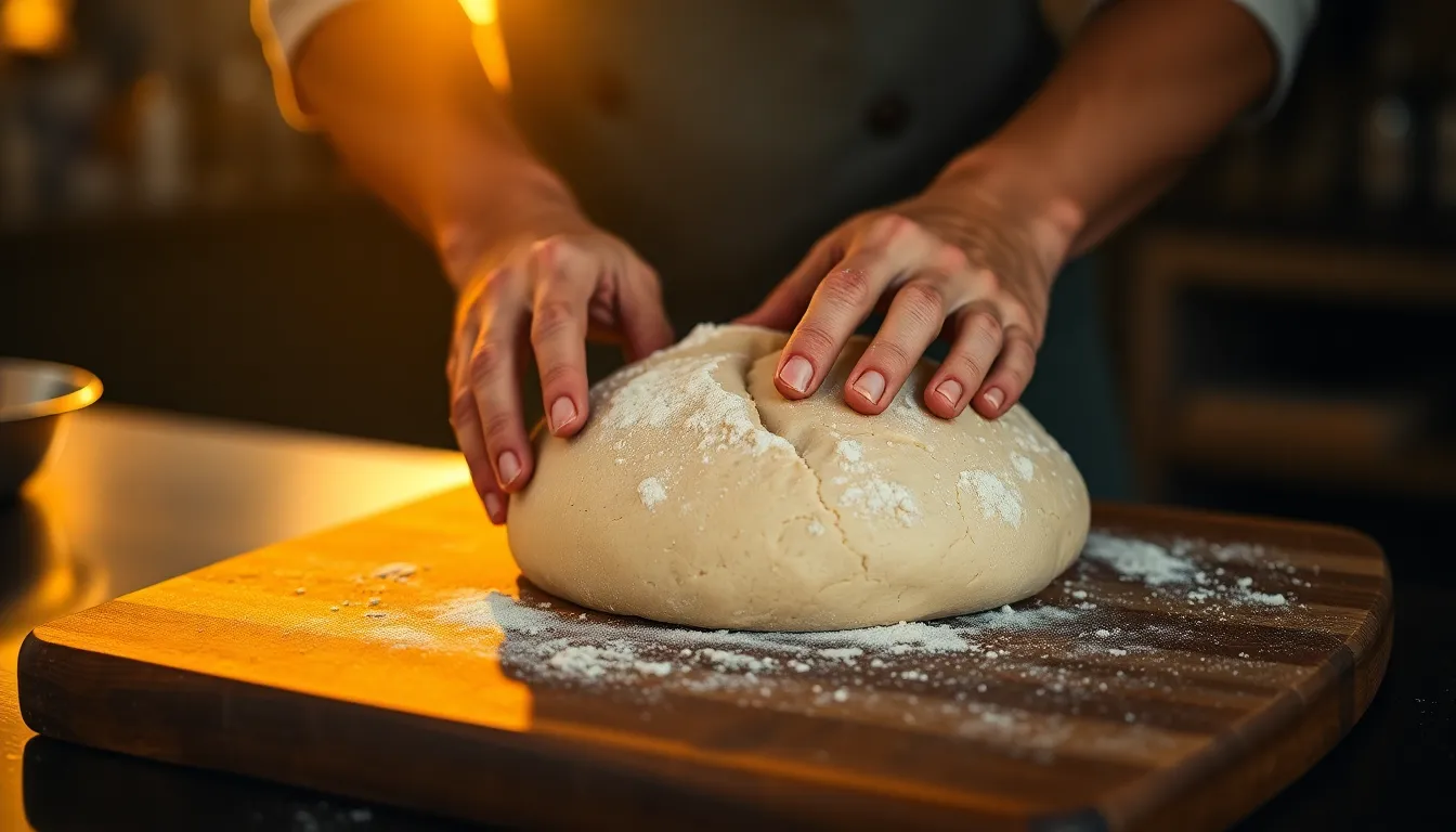 A skilled chef is captured in action, kneading dough on a wooden cutting board, bathed in the warm light of the golden hour. The backlighting creates a stunning rim light effect around their hands, emphasizing the artistry involved in bread making. The image is rich with textures, from the flour dust to the rough surface of the wooden board, making it a perfect representation of homemade craftsmanship. This scene evokes a sense of warmth and tradition.