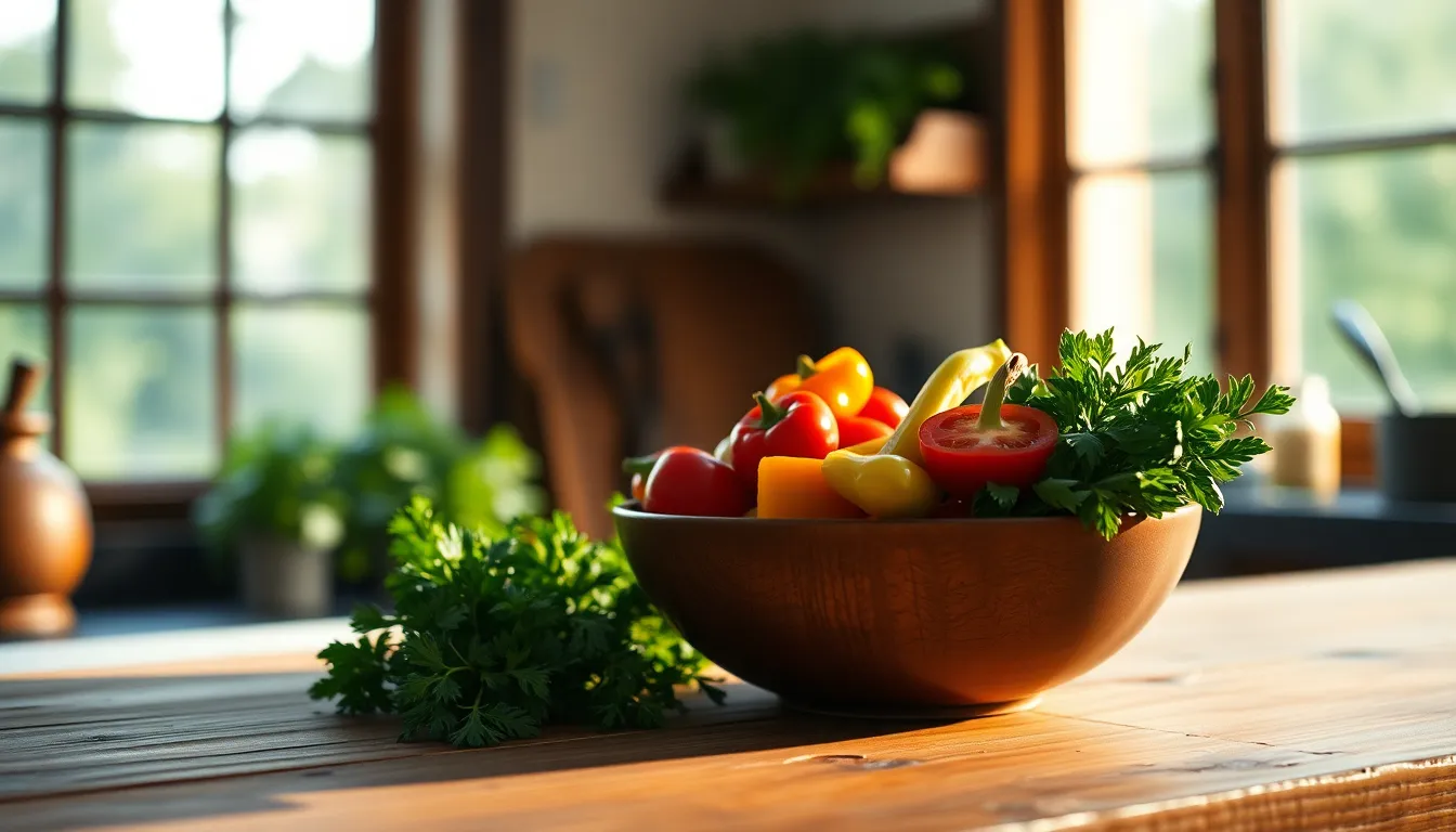 A rustic kitchen scene showcasing a vibrant selection of freshly cut vegetables in a wooden bowl, illuminated by warm evening light. The foreground features a chef's knife and herbs, while the background hints at the cozy atmosphere with soft bokeh effects. This image captures the essence of homemade cooking with rich, natural colors and textured surfaces. Perfect for conveying a wholesome, inviting cooking environment.