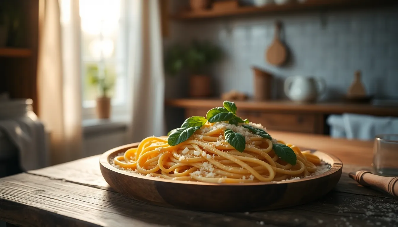 A beautifully arranged plate of homemade pasta is showcased on a rustic wooden table, illuminated by warm afternoon sunlight. The scene captures the essence of comfort cooking, with fresh basil and a dusting of parmesan cheese enhancing the dish's appeal. The soft focus on the background emphasizes the texture of the wooden tabletop, adding a homely feel to the composition. This inviting image is perfect for showcasing the artistry of homemade cooking.