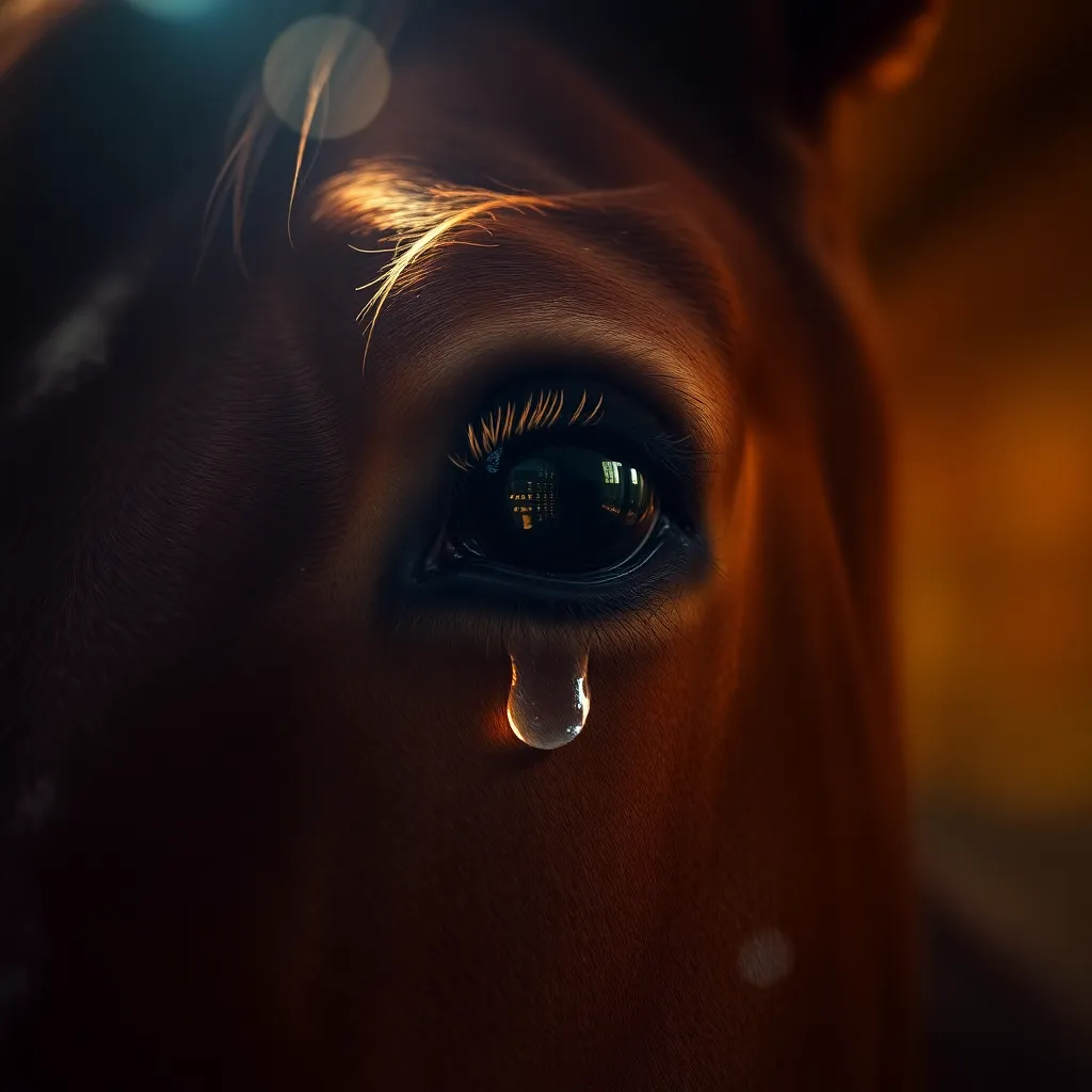 A breathtaking close-up of a horse's eye, capturing an emotive tear that symbolizes deep feelings. The warm tungsten lighting enhances the delicate textures of the eyelashes and skin, creating a striking contrast with the soft, blurred background. This portrait not only highlights the beauty of the horse but also evokes empathy and connection with its vivid gaze. The focused composition draws viewers into the intimate moment shared with this magnificent creature.