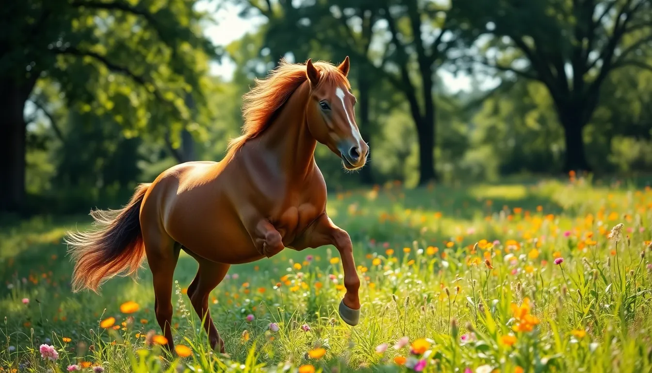 A striking chestnut horse gallops across a vibrant meadow, illuminated by dappled sunlight filtering through trees. The scene captures the powerful movement and grace of the horse, set against a backdrop of colorful wildflowers. The warm earth tones of the landscape complement the horse's shiny coat, creating a captivating image full of life and energy. This close-up action shot highlights the beauty of nature and the spirit of the horse in full flight.