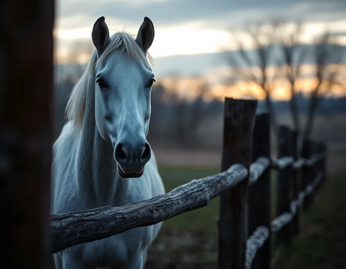 A peaceful white horse stands beside a weathered wooden fence as twilight descends, enveloped in soft, diffused light. The serene pose of the horse reflects a calm demeanor, while the rustic elements of the fence enhance the natural charm of the scene. The muted colors of the dusk sky blend harmoniously with the soft white of the horse, creating a soothing atmosphere. This image captures a perfect moment of tranquility in the equine world.