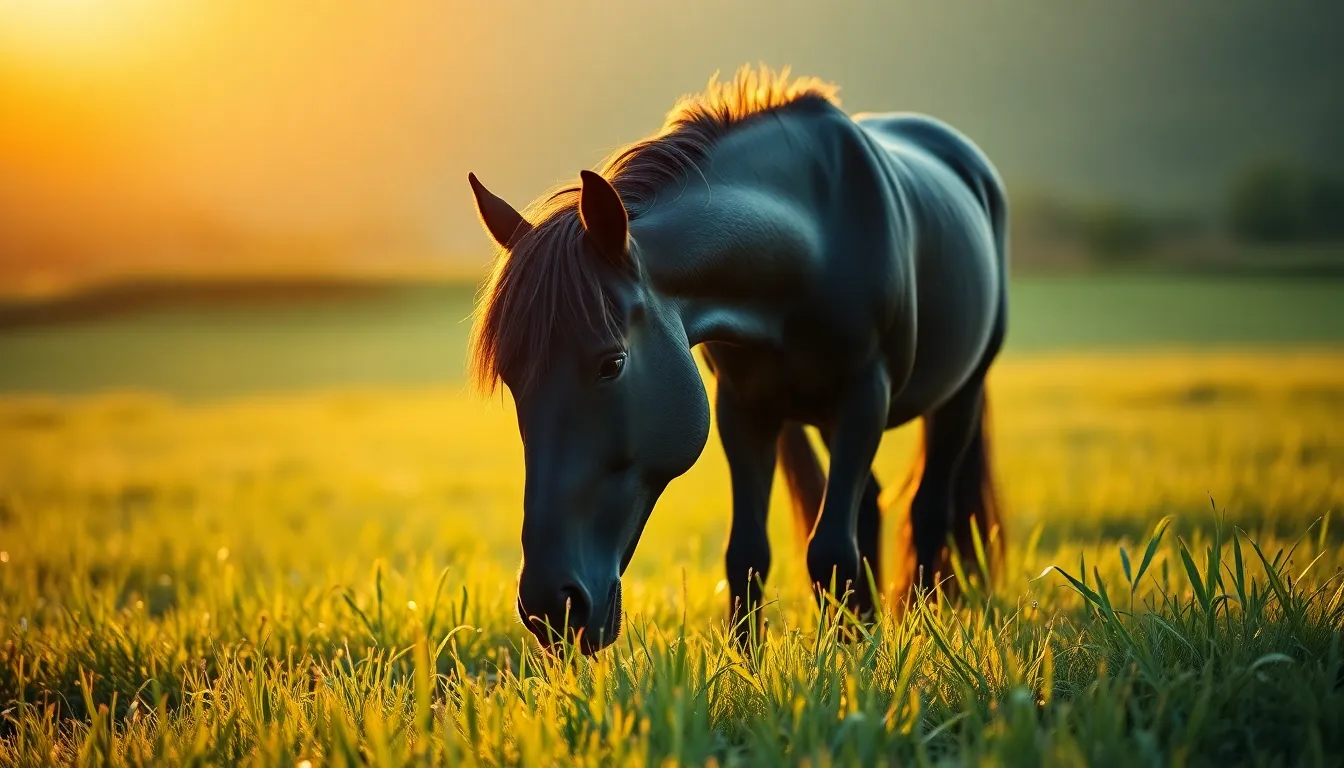 An elegant black stallion grazes leisurely in a vibrant green pasture, bathed in the warm glow of the golden hour. The backlighting creates a stunning halo effect around the horse, enhancing its majestic appearance. Soft bokeh blurs the lush grasses in the background, emphasizing the stallion as the focal point. This tranquil scene captures the essence of freedom and grace found in nature, inviting viewers to bask in the beauty of the moment.