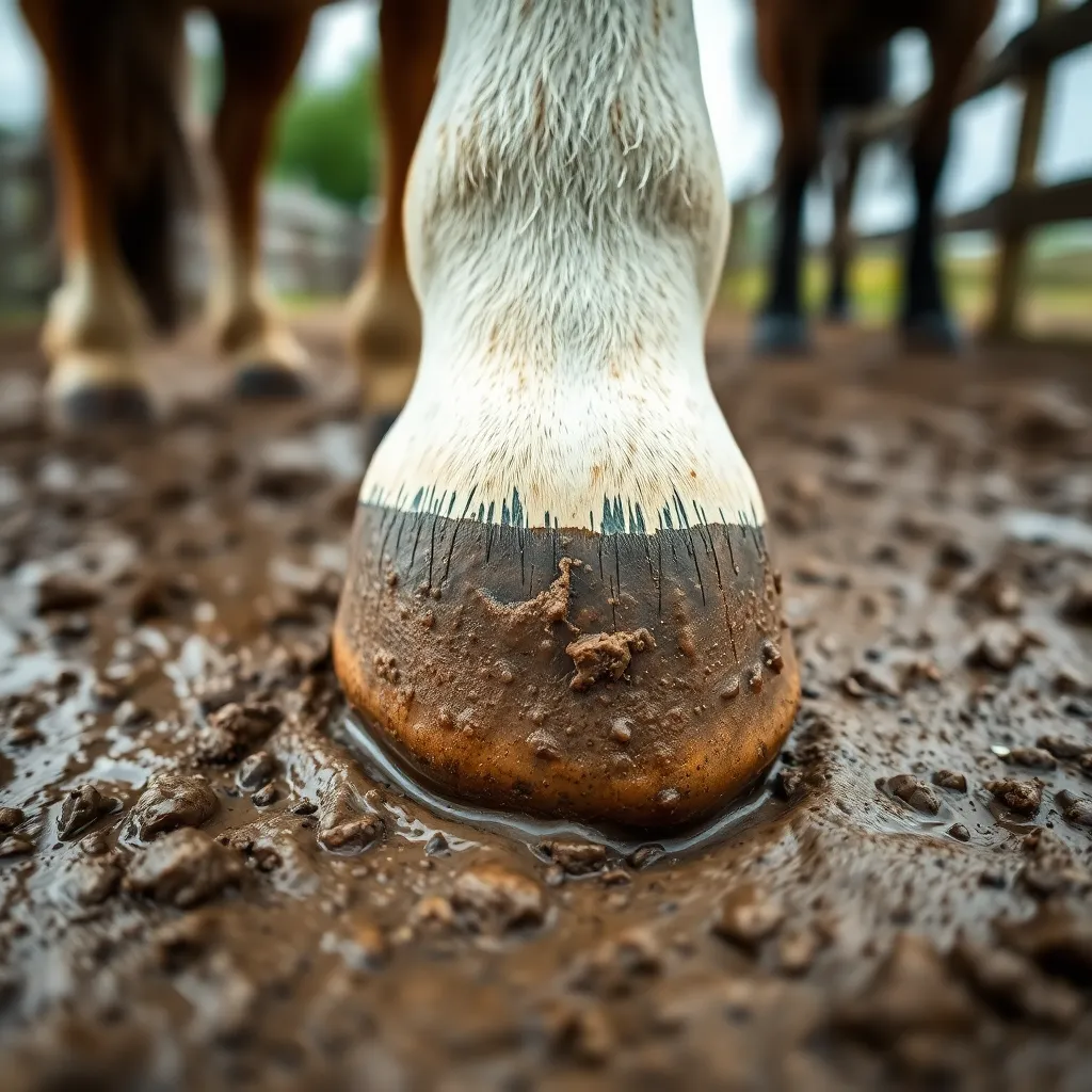 Close-Up of Horse Hoof in Mud This close-up image captures the rich textures and details of a horse's hoof sunk into soft, muddy ground after a rainfall. The damp environment is illuminated by gentle overcast light, enhancing the earthy color palette of browns and greens. Every detail is rendered sharply, inviting the viewer to appreciate the beauty of natural equine anatomy. The leading lines created by the hoofprint guide the eye, creating an engaging and intimate perspective.