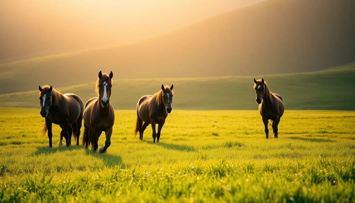 Horses Grazing in a Morning Field In this tranquil scene, a group of horses grazes peacefully in a lush green field illuminated by the soft golden light of dawn. The early morning atmosphere is enriched by glistening dew on the grass, while the rich colors evoke a sense of freshness and serenity. With everything in sharp focus, the composition captures the unity of nature and equine beauty, inviting the viewer to breathe in the calmness of the moment. This image encapsulates the essence of rural life at daybreak.