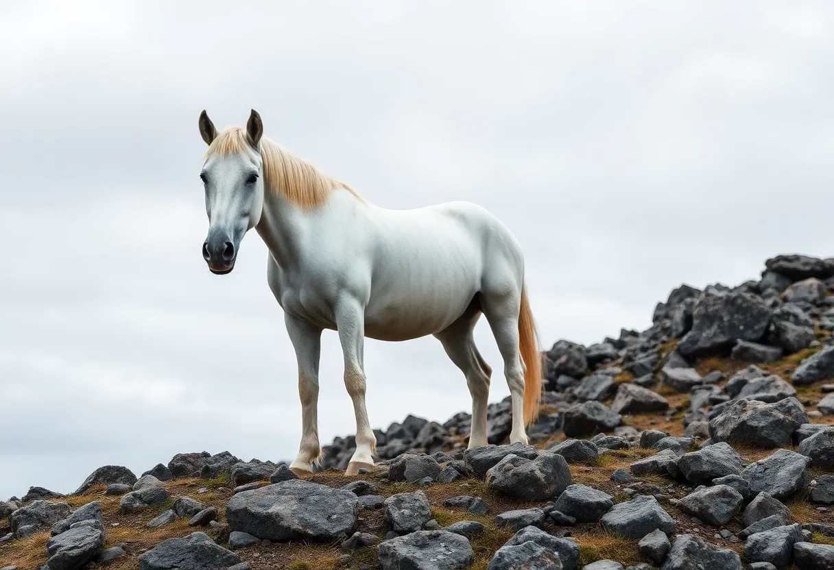 A stunning portrait of a white horse poised on a rocky hilltop amidst a soft, overcast sky. The gentle daylight creates a serene atmosphere, beautifully illuminating the horse's coat. The image captures the rugged textures of the rocks in contrast to the smoothness of the horse, while maintaining sharp focus throughout the scene. This harmonious composition evokes a sense of tranquility and noble presence.